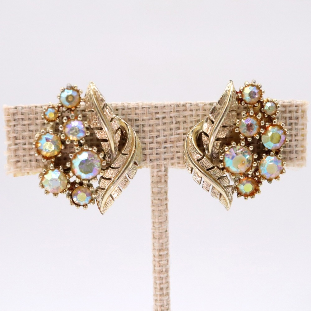 Vintage CORO AB Aurora Borealis Rhinestone Leaf Clip On Earrings Gold Tone